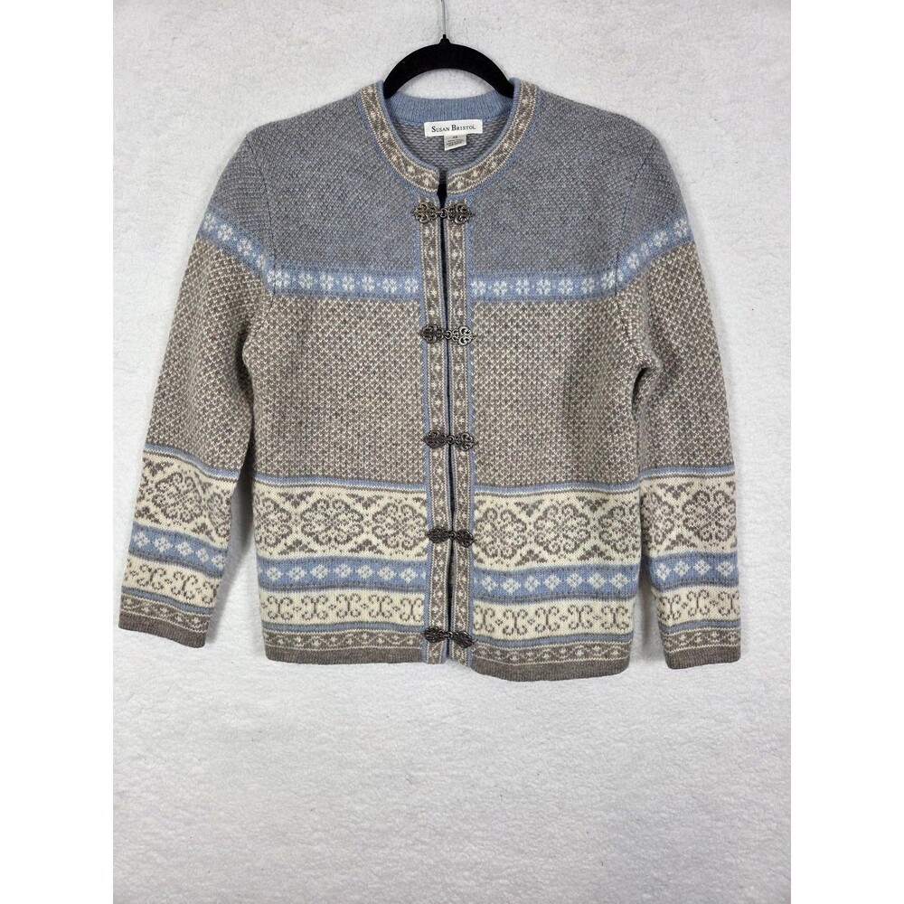 Susan‎ Bristol Wool Fair Isle Ski Nordic Cardigan Sweater XS Blue Gray